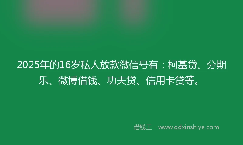 2025年的16岁私人放款微信号有：柯基贷、分期乐、微博借钱、功夫贷、信用卡贷等。