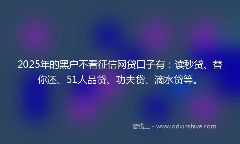 2025年的黑户不看征信网贷口子有：读秒贷、替你还、51人品贷、功夫贷、滴水贷等。