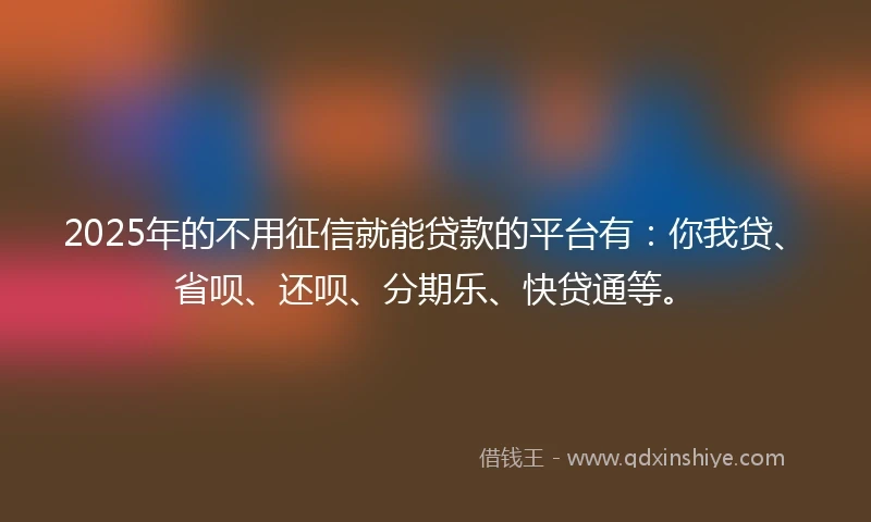 2025年的不用征信就能贷款的平台有：你我贷、省呗、还呗、分期乐、快贷通等。