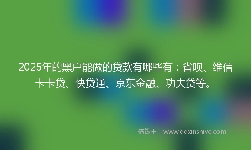 2025年的黑户能做的贷款有哪些有:省呗、维信卡卡贷、快贷通、京东金融、功夫贷等。