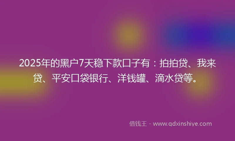 2025年的黑户7天稳下款口子有：拍拍贷、我来贷、平安口袋银行、洋钱罐、滴水贷等。