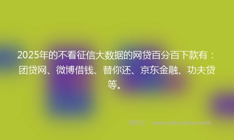 2025年的不看征信大数据的网贷百分百下款有：团贷网、微博借钱、替你还、京东金融、功夫贷等。