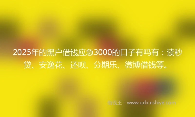 2025年的黑户借钱应急3000的口子有吗有：读秒贷、安逸花、还呗、分期乐、微博借钱等。