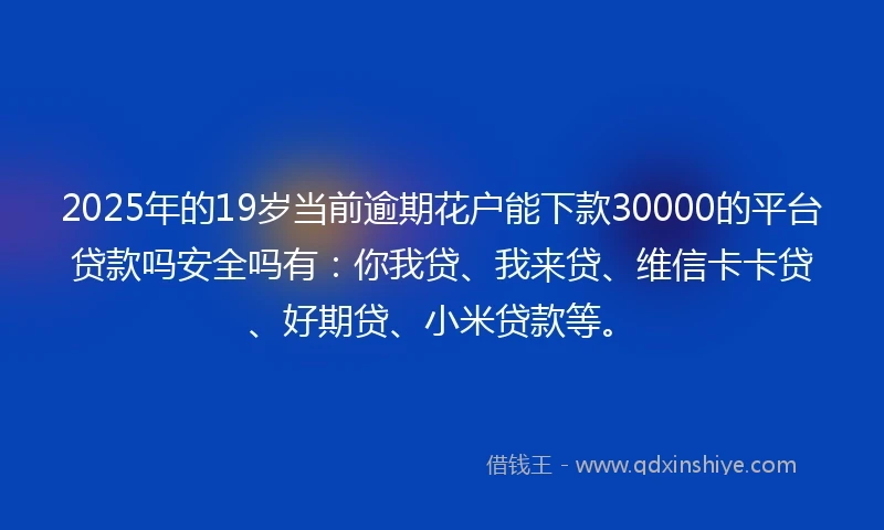 2025年的19岁当前逾期花户能下款30000的平台贷款吗安全吗有：你我贷、我来贷、维信卡卡贷、好期贷、小米贷款等。