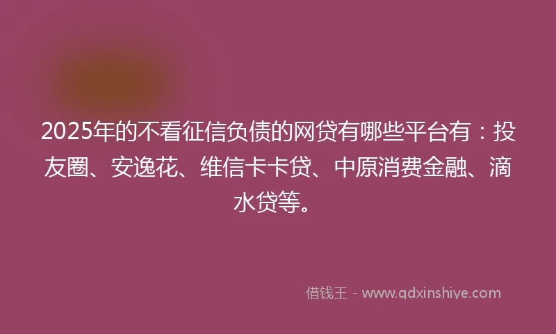2025年的不看征信负债的网贷有哪些平台有:投友圈、安逸花、维信卡卡贷、中原消费金融、滴水贷等。