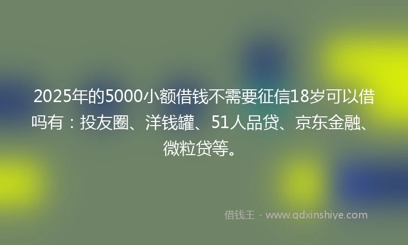 2025年的5000小额借钱不需要征信18岁可以借吗有：投友圈、洋钱罐、51人品贷、京东金融、微粒贷等。
