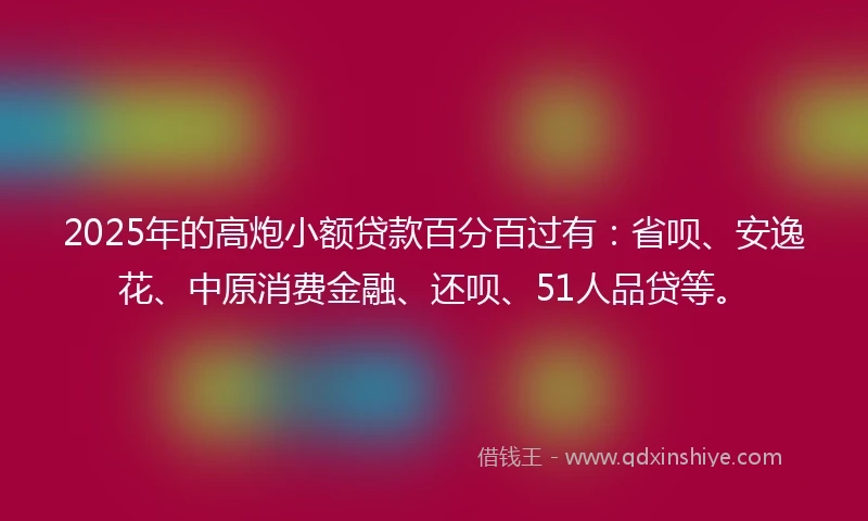 2025年的高炮小额贷款百分百过有：省呗、安逸花、中原消费金融、还呗、51人品贷等。