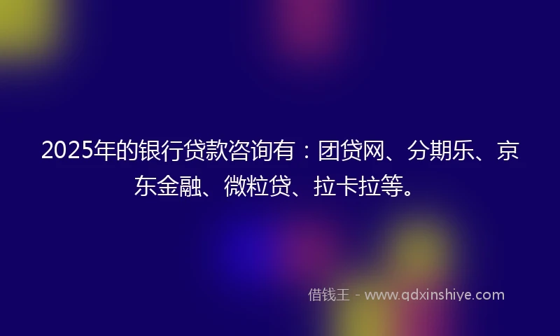 2025年的银行贷款咨询有：团贷网、分期乐、京东金融、微粒贷、拉卡拉等。
