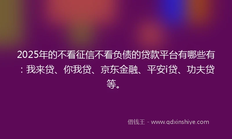 2025年的不看征信不看负债的贷款平台有哪些有：我来贷、你我贷、京东金融、平安i贷、功夫贷等。