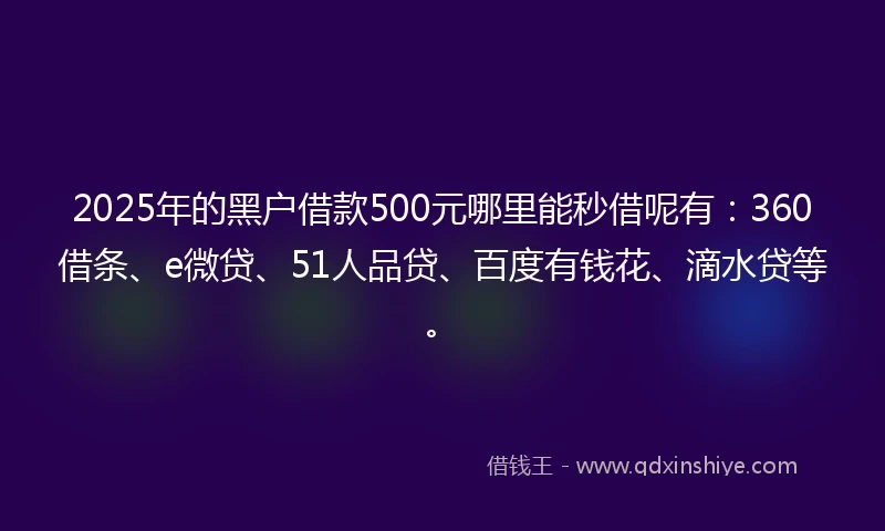 2025年的黑户借款500元哪里能秒借呢有：360借条、e微贷、51人品贷、百度有钱花、滴水贷等。