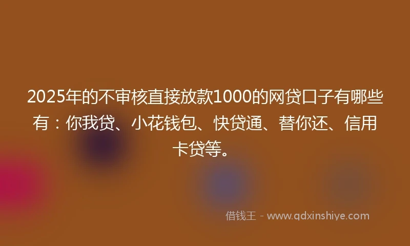 2025年的不审核直接放款1000的网贷口子有哪些有：你我贷、小花钱包、快贷通、替你还、信用卡贷等。