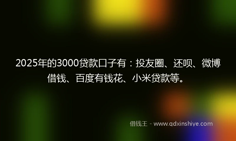 2025年的3000贷款口子有：投友圈、还呗、微博借钱、百度有钱花、小米贷款等。