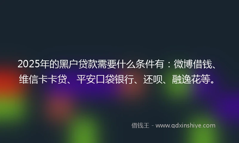 2025年的黑户贷款需要什么条件有:微博借钱、维信卡卡贷、平安口袋银行、还呗、融逸花等。