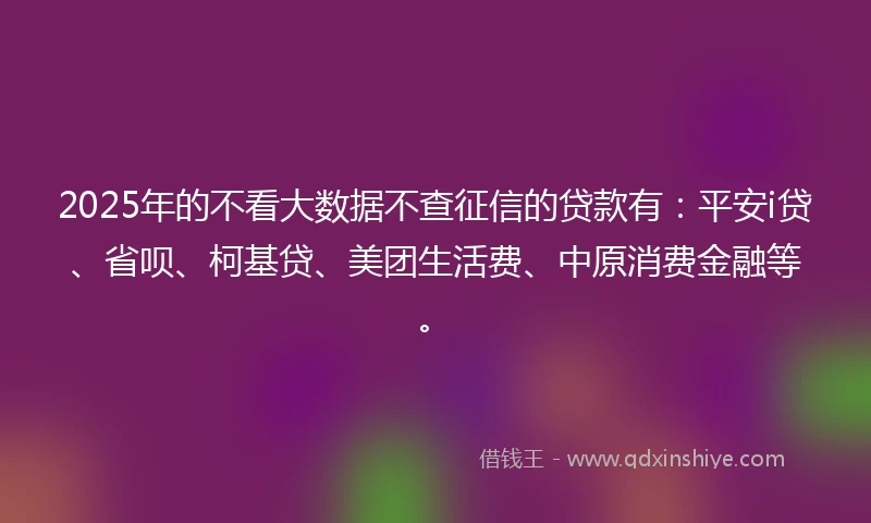 2025年的不看大数据不查征信的贷款有:平安i贷、省呗、柯基贷、美团生活费、中原消费金融等。