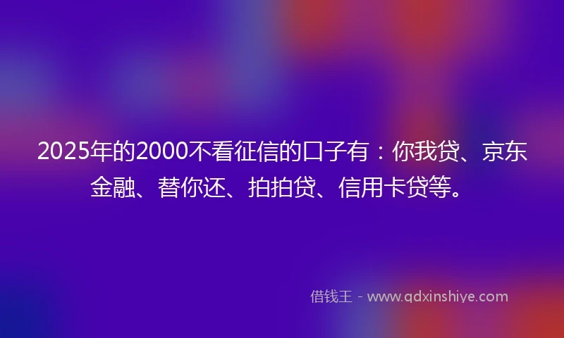 2025年的2000不看征信的口子有：你我贷、京东金融、替你还、拍拍贷、信用卡贷等。