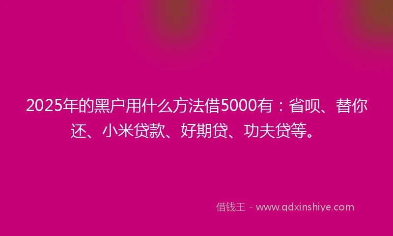2025年的黑户用什么方法借5000有：省呗、替你还、小米贷款、好期贷、功夫贷等。