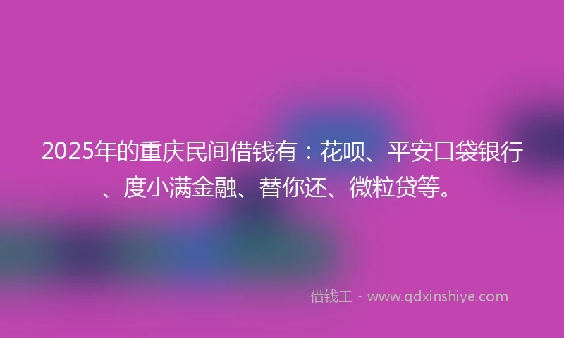 2025年的重庆民间借钱有：花呗、平安口袋银行、度小满金融、替你还、微粒贷等。