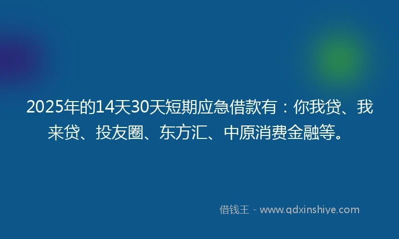 2025年的14天30天短期应急借款有：你我贷、我来贷、投友圈、东方汇、中原消费金融等。