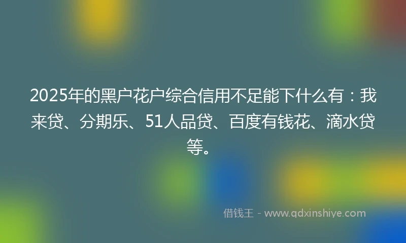 2025年的黑户花户综合信用不足能下什么有：我来贷、分期乐、51人品贷、百度有钱花、滴水贷等。