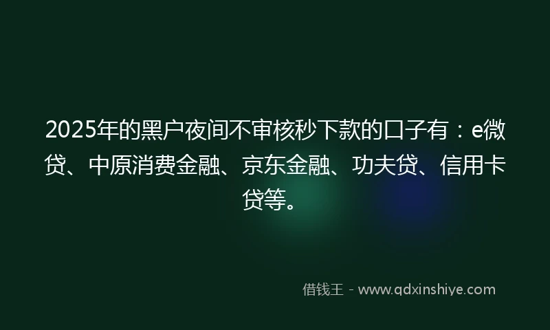 2025年的黑户夜间不审核秒下款的口子有：e微贷、中原消费金融、京东金融、功夫贷、信用卡贷等。