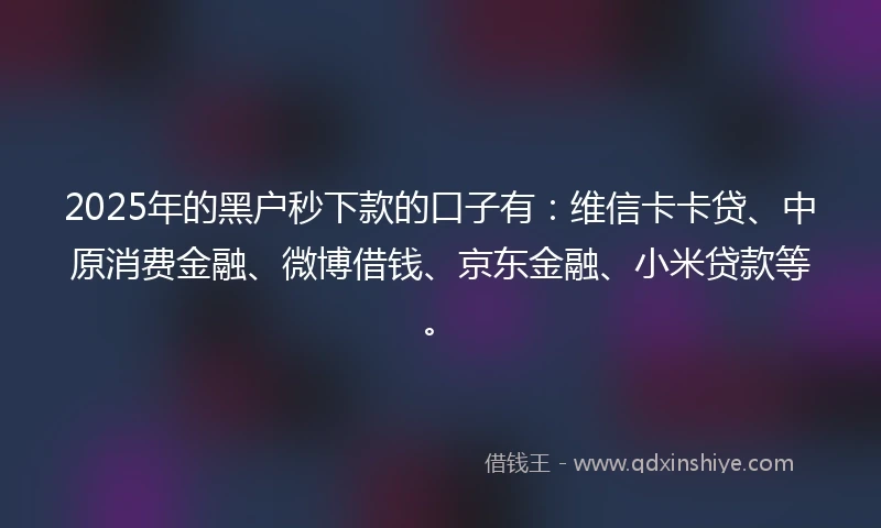 2025年的黑户秒下款的口子有：维信卡卡贷、中原消费金融、微博借钱、京东金融、小米贷款等。