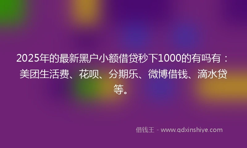 2025年的最新黑户小额借贷秒下1000的有吗有：美团生活费、花呗、分期乐、微博借钱、滴水贷等。