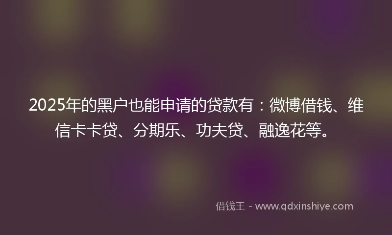 2025年的黑户也能申请的贷款有：微博借钱、维信卡卡贷、分期乐、功夫贷、融逸花等。