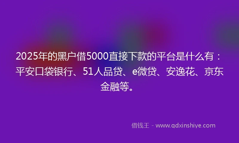 2025年的黑户借5000直接下款的平台是什么有：平安口袋银行、51人品贷、e微贷、安逸花、京东金融等。