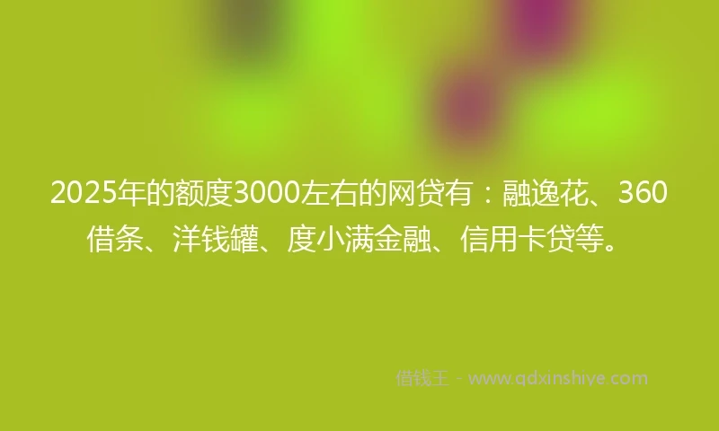 2025年的额度3000左右的网贷有：融逸花、360借条、洋钱罐、度小满金融、信用卡贷等。