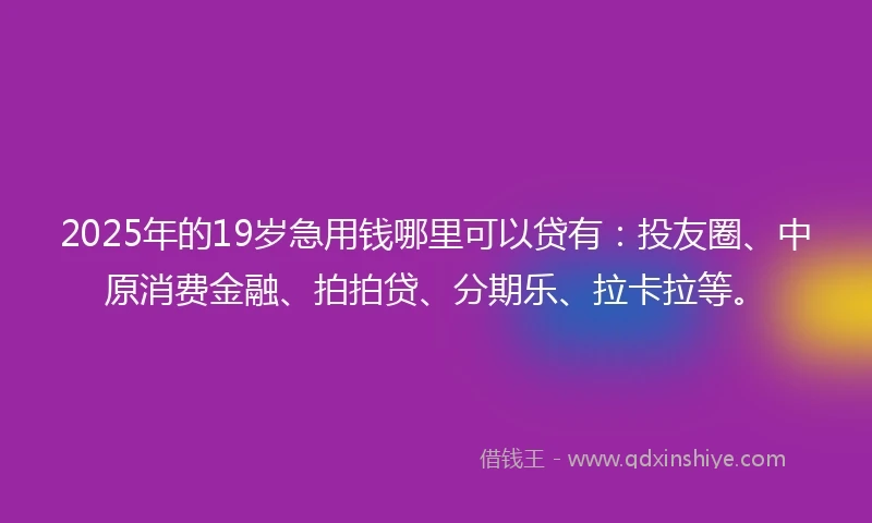 2025年的19岁急用钱哪里可以贷有：投友圈、中原消费金融、拍拍贷、分期乐、拉卡拉等。