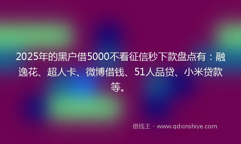 2025年的黑户借5000不看征信秒下款盘点有：融逸花、超人卡、微博借钱、51人品贷、小米贷款等。