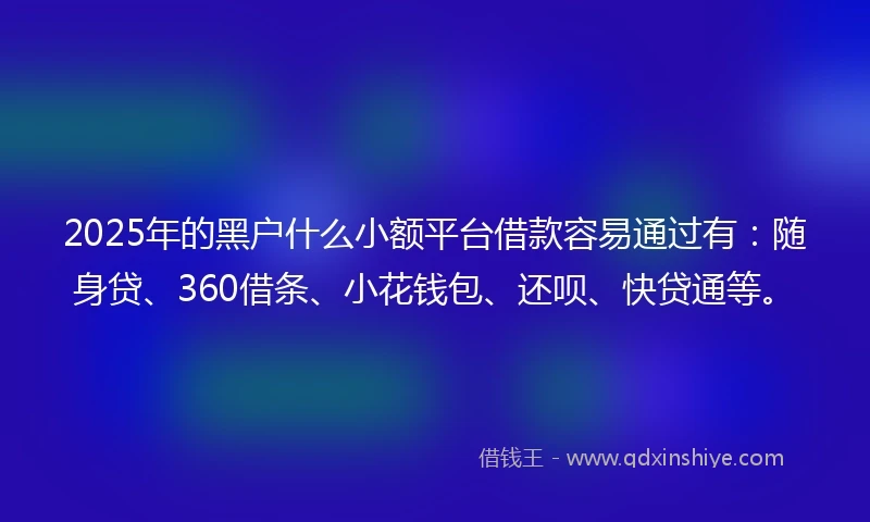2025年的黑户什么小额平台借款容易通过有：随身贷、360借条、小花钱包、还呗、快贷通等。