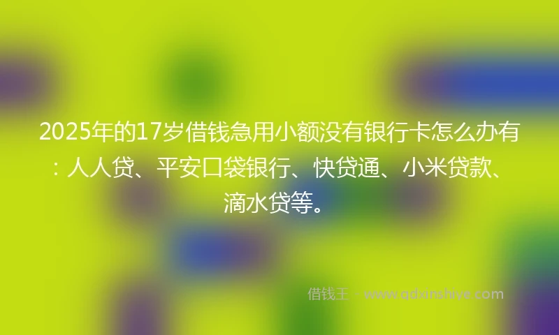 2025年的17岁借钱急用小额没有银行卡怎么办有：人人贷、平安口袋银行、快贷通、小米贷款、滴水贷等。