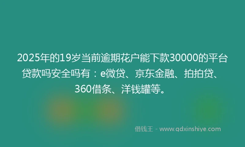 2025年的19岁当前逾期花户能下款30000的平台贷款吗安全吗有:e微贷、京东金融、拍拍贷、360借条、洋钱罐等。