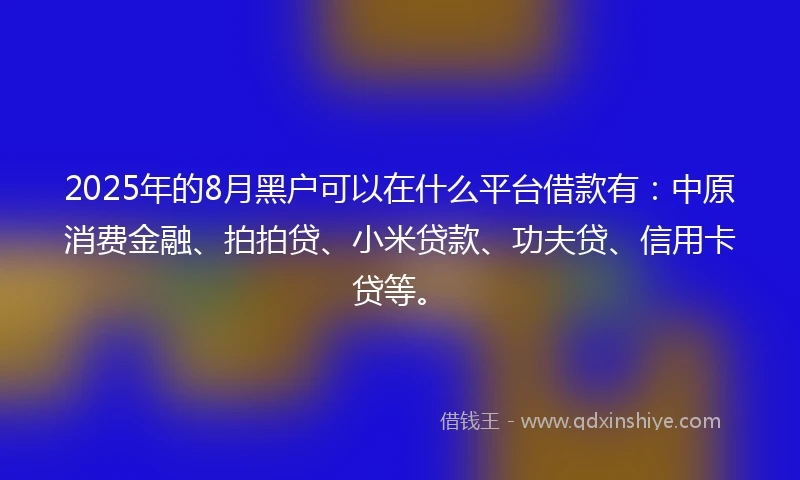 2025年的8月黑户可以在什么平台借款有：中原消费金融、拍拍贷、小米贷款、功夫贷、信用卡贷等。