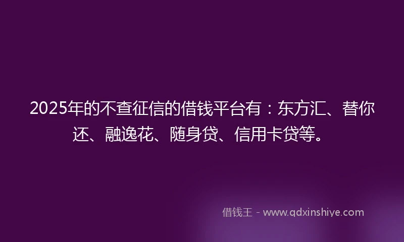 2025年的不查征信的借钱平台有:东方汇、替你还、融逸花、随身贷、信用卡贷等。