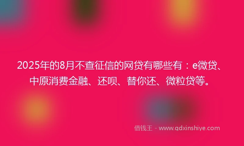 2025年的8月不查征信的网贷有哪些有：e微贷、中原消费金融、还呗、替你还、微粒贷等。