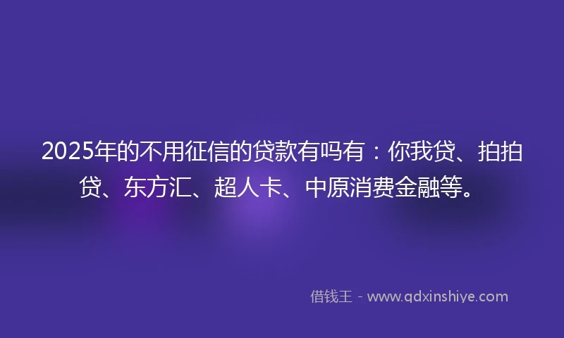 2025年的不用征信的贷款有吗有：你我贷、拍拍贷、东方汇、超人卡、中原消费金融等。