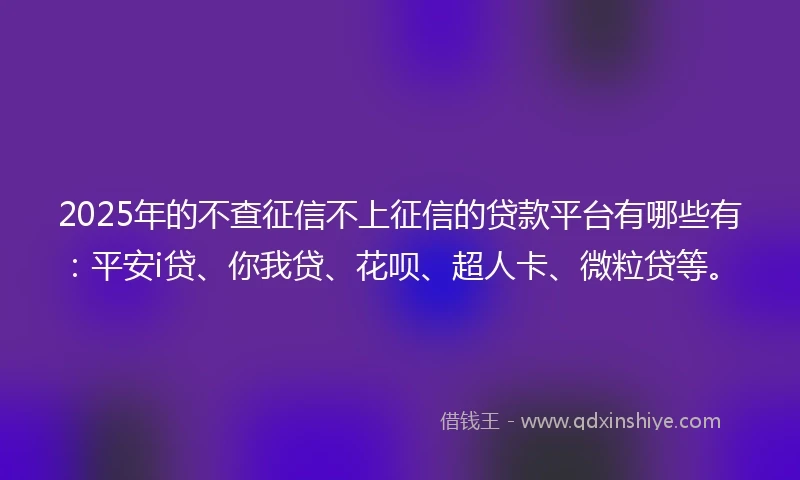 2025年的不查征信不上征信的贷款平台有哪些有：平安i贷、你我贷、花呗、超人卡、微粒贷等。