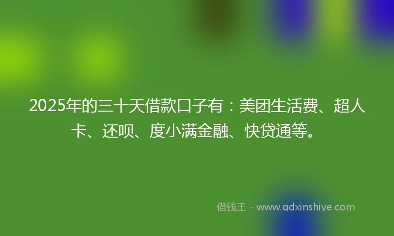 2025年的三十天借款口子有：美团生活费、超人卡、还呗、度小满金融、快贷通等。