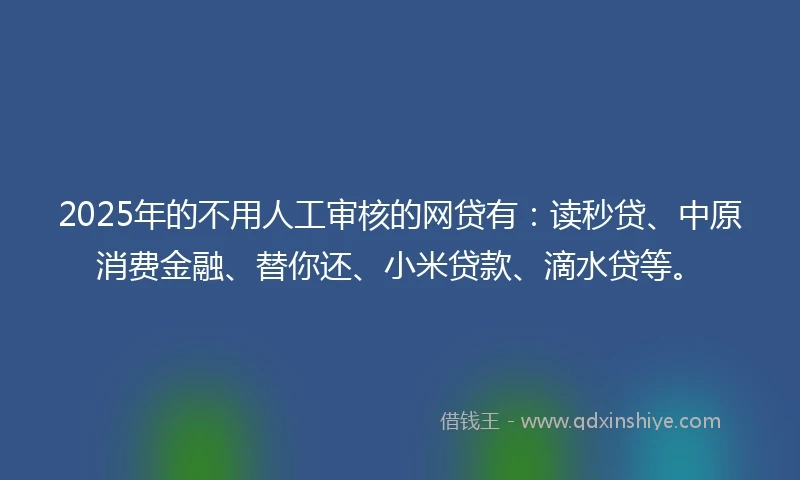 2025年的不用人工审核的网贷有：读秒贷、中原消费金融、替你还、小米贷款、滴水贷等。