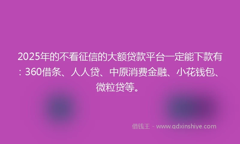 2025年的不看征信的大额贷款平台一定能下款有：360借条、人人贷、中原消费金融、小花钱包、微粒贷等。