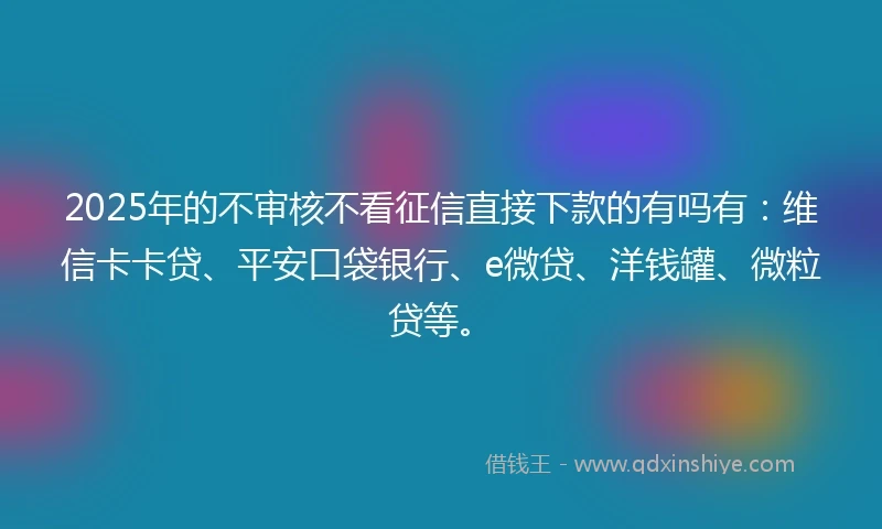 2025年的不审核不看征信直接下款的有吗有：维信卡卡贷、平安口袋银行、e微贷、洋钱罐、微粒贷等。