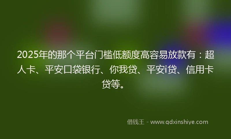 2025年的那个平台门槛低额度高容易放款有：超人卡、平安口袋银行、你我贷、平安i贷、信用卡贷等。