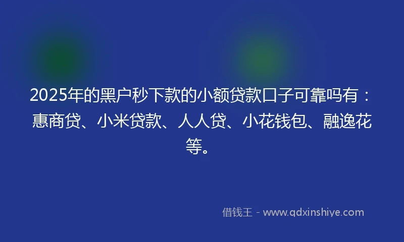 2025年的黑户秒下款的小额贷款口子可靠吗有：惠商贷、小米贷款、人人贷、小花钱包、融逸花等。