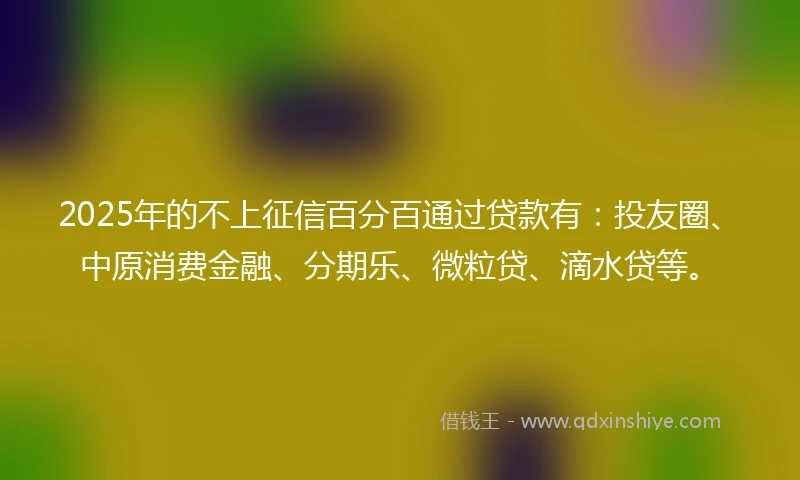 2025年的不上征信百分百通过贷款有：投友圈、中原消费金融、分期乐、微粒贷、滴水贷等。