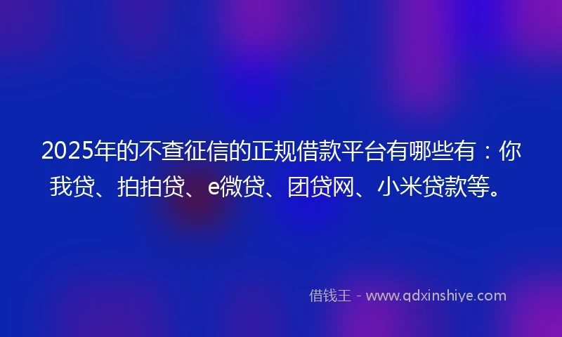 2025年的不查征信的正规借款平台有哪些有：你我贷、拍拍贷、e微贷、团贷网、小米贷款等。