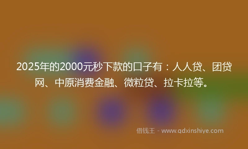 2025年的2000元秒下款的口子有：人人贷、团贷网、中原消费金融、微粒贷、拉卡拉等。