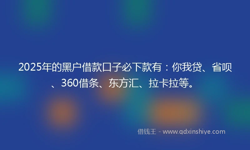 2025年的黑户借款口子必下款有：你我贷、省呗、360借条、东方汇、拉卡拉等。