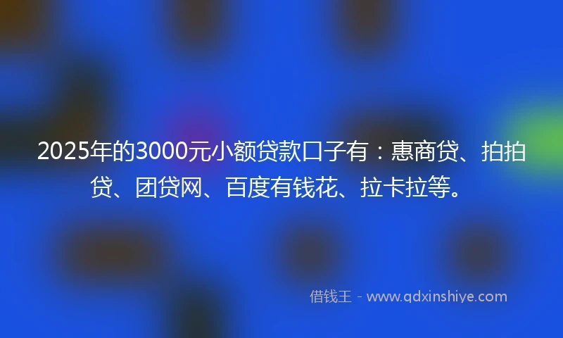 2025年的3000元小额贷款口子有：惠商贷、拍拍贷、团贷网、百度有钱花、拉卡拉等。
